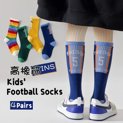 4 Pairs Children's Long Socks Boys Geometric Tennis Socks Soccer Socks Autumn Winter Teenager Basketball Socks Knee Sock