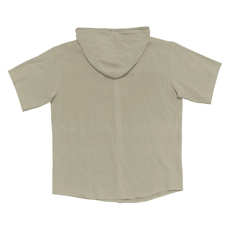 Summer cotton linen men's short sleeved shirt in US size solid color hooded casual T-shirt plus size men's clothing