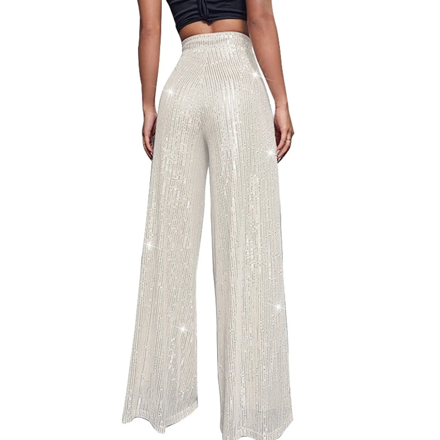Women's Fashion Solid Color High Waist Sequin Side Zipper Draped Wide Leg Pants Pants for Women Women’s Pants Women’s Pants 2024
