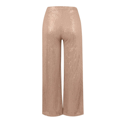 Women's Fashion Solid Color High Waist Sequin Side Zipper Draped Wide Leg Pants Pants for Women Women’s Pants Women’s Pants 2024