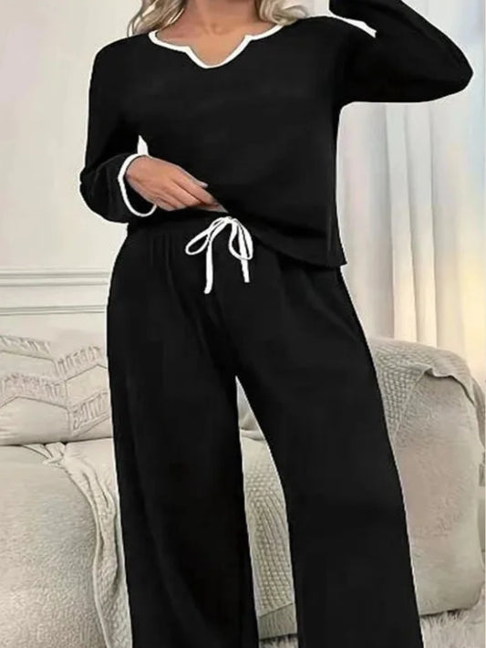Autumn and winter new women's plus size solid color V-neck loose and comfortable casual home drawstring pants set for women