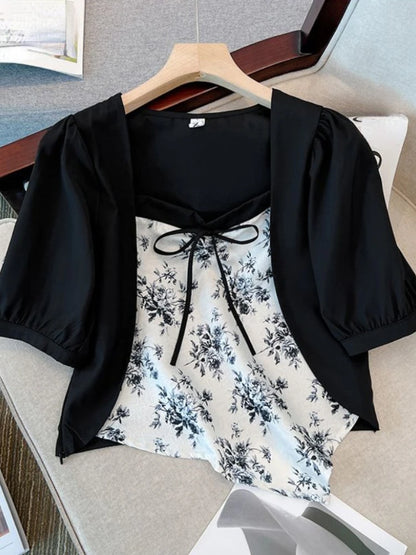 Summer Design Shirts for Women Fake Two Piece Plus Size Flower Print Irregular Lace Up Crop Top All Match Square Collar Clothing