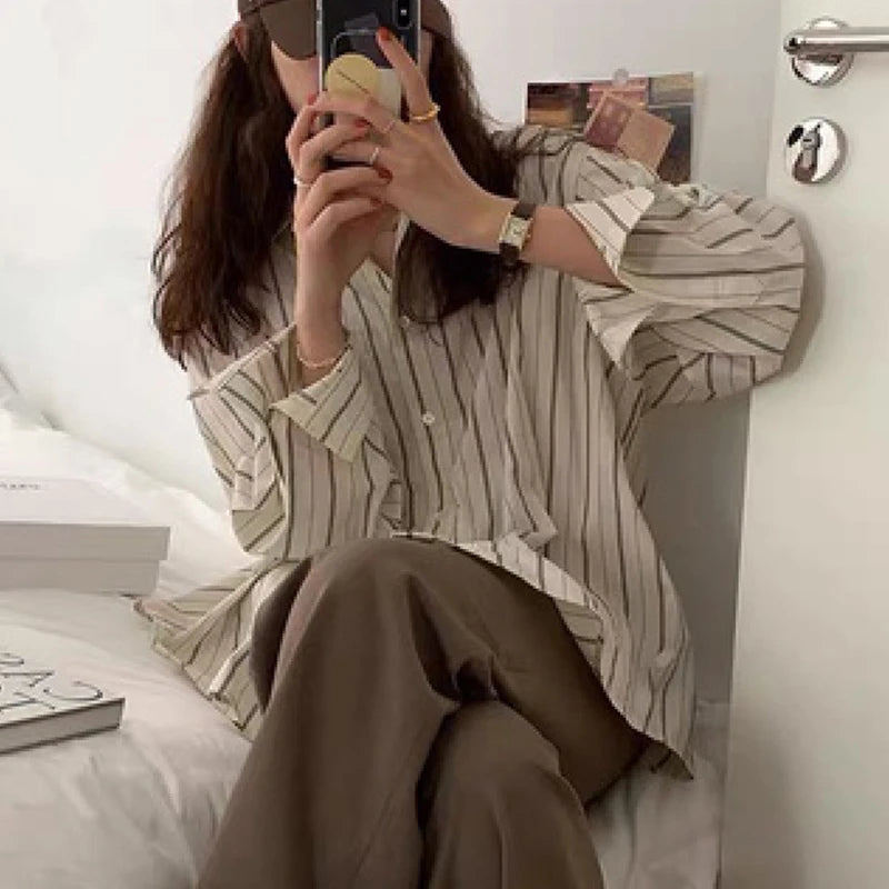 Summer New Long Sleeve Casual Stripe Shirt for Women Clothing Elegant Loose Women Blouse Button Up Simple Office Lady Shirts 705