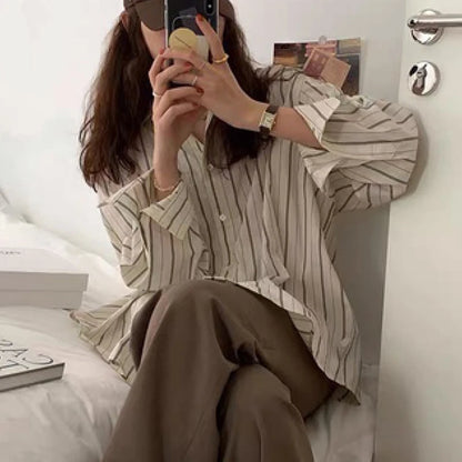 Summer New Long Sleeve Casual Stripe Shirt for Women Clothing Elegant Loose Women Blouse Button Up Simple Office Lady Shirts 705