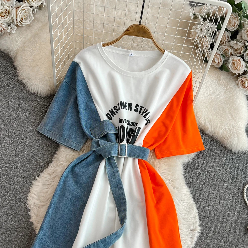 XFPV 2025 Summer Fashion Short Sleeve Round Neck High Waistband Slim A-line Denim Printed Patchwork Dress For Women SM11498