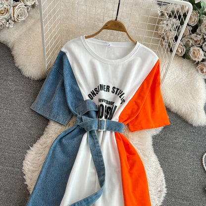 XFPV 2025 Summer Fashion Short Sleeve Round Neck High Waistband Slim A-line Denim Printed Patchwork Dress For Women SM11498