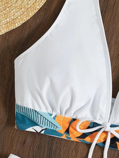 2Pcs/Set Bikinis Set Bowknot Decor Floral Print Bikini Backless Halter Bra High Waist Beachwear Female Beach Clothing