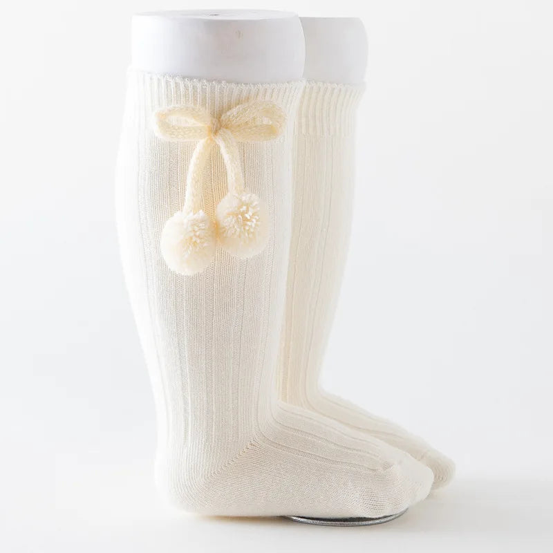 1 Pair Winter Kawaii Baby Stockings Cotton British Princess Knee High Long Bow Pom Tube Socks for Girls Knitted Sock for 0-4Year