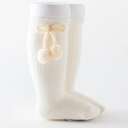1 Pair Winter Kawaii Baby Stockings Cotton British Princess Knee High Long Bow Pom Tube Socks for Girls Knitted Sock for 0-4Year