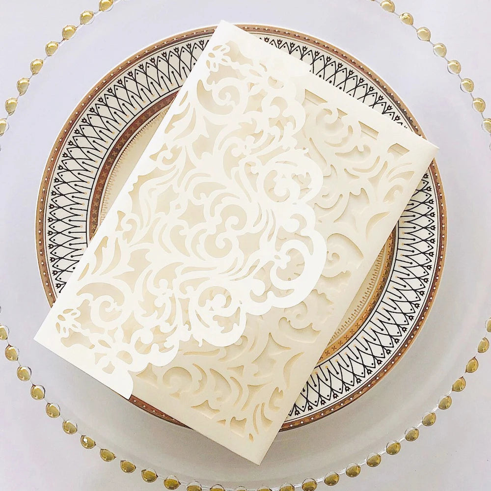 25 pieces Customize Peach Pocket Wedding Invitation, Gold Glitter Backing XV Birthday Envelope Shape Invite Thank You Card IC145