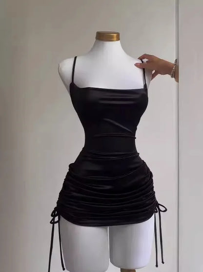 2024 Spring Summer New Spaghetti Strap Dresses Women Sexy Backless Leace-up Drawstring Package Hip Slim Dress Hot Girl Vestidos