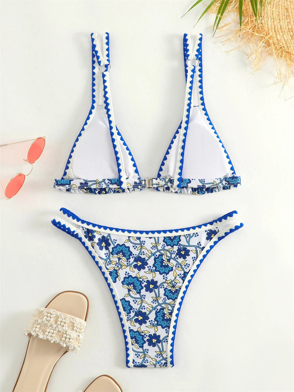 Trend Print Bikini Bordered Straps Swimsuit Thong Push Up Y2K Boho Swimwear Kawaii Women Two Piece Brazil BeachWear Bathing Suit