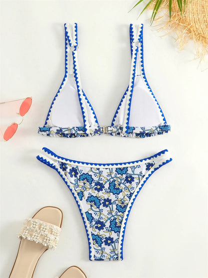 Trend Print Bikini Bordered Straps Swimsuit Thong Push Up Y2K Boho Swimwear Kawaii Women Two Piece Brazil BeachWear Bathing Suit