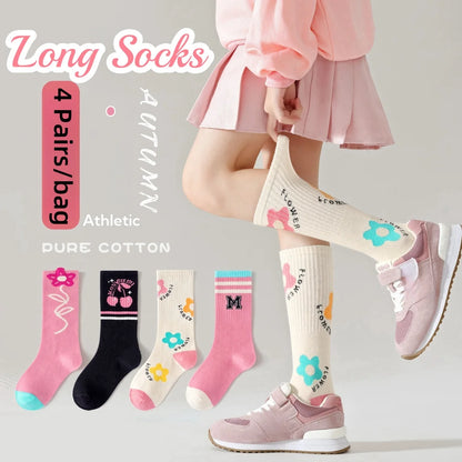 4 Pairs Children's Long Socks Boys Geometric Tennis Socks Soccer Socks Autumn Winter Teenager Basketball Socks Knee Sock
