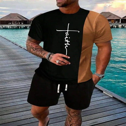 2025 urban street fashion trend men's round neck short sleeved set, outdoor simple round neck top, casual and comfortable shorts