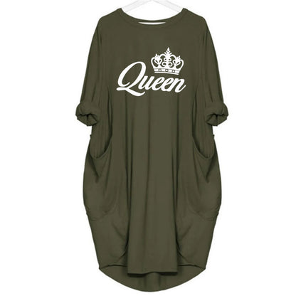 Women's spring and summer casual loose plus size QUEEN printed round neck long sleeved pocket dress streetwear