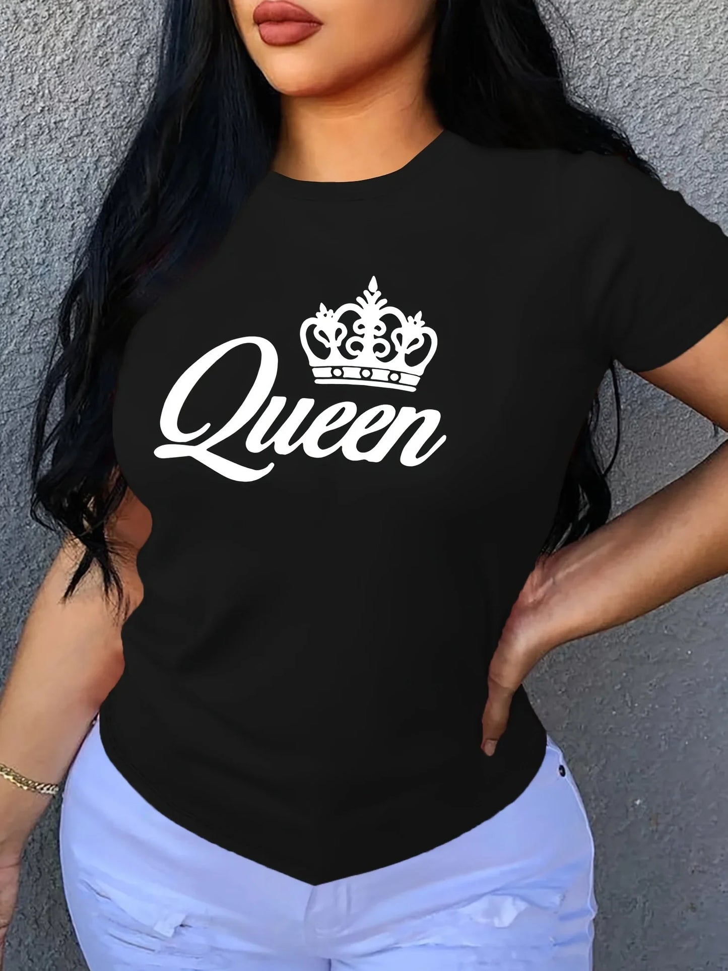 Women's T-shirt casual black short sleeved printed loose top design clothes