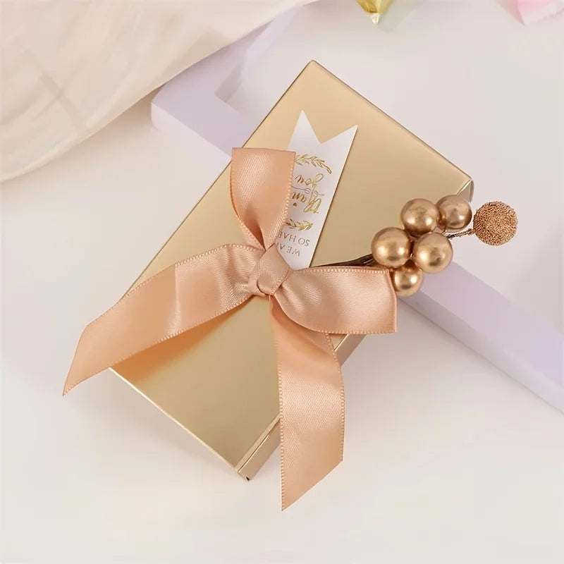 20Pcs Square Paper Box Gold Candy Boxes Ribbon Beading Chocolate Cake Lipstick Wedding Thanksgiving Anniversary Gift Packaging