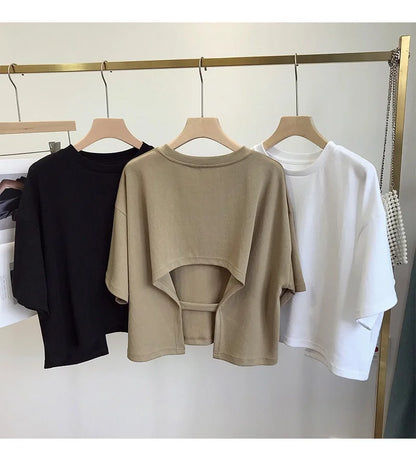 Summer New Ladies Casual Backless T-Shirt 2023 Korean Women Round Neck Loose Sweet Spicy Wind Short-Sleeved Crop Tops
