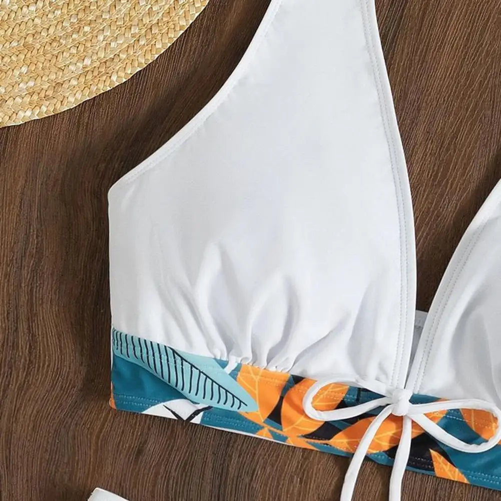 2Pcs/Set Bikinis Set Bowknot Decor Floral Print Bikini Backless Halter Bra High Waist Beachwear Female Beach Clothing