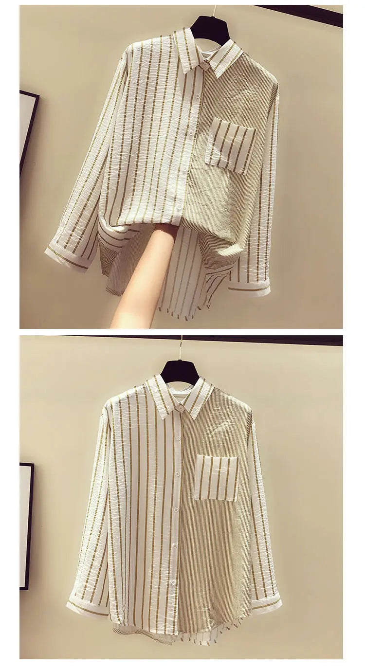 2025 Korean Summer Thin Trendy Striped Women's Shirt & Blouses Patchwork Pocket Loose Casual Office Lady Shirt Sweet Women's Top