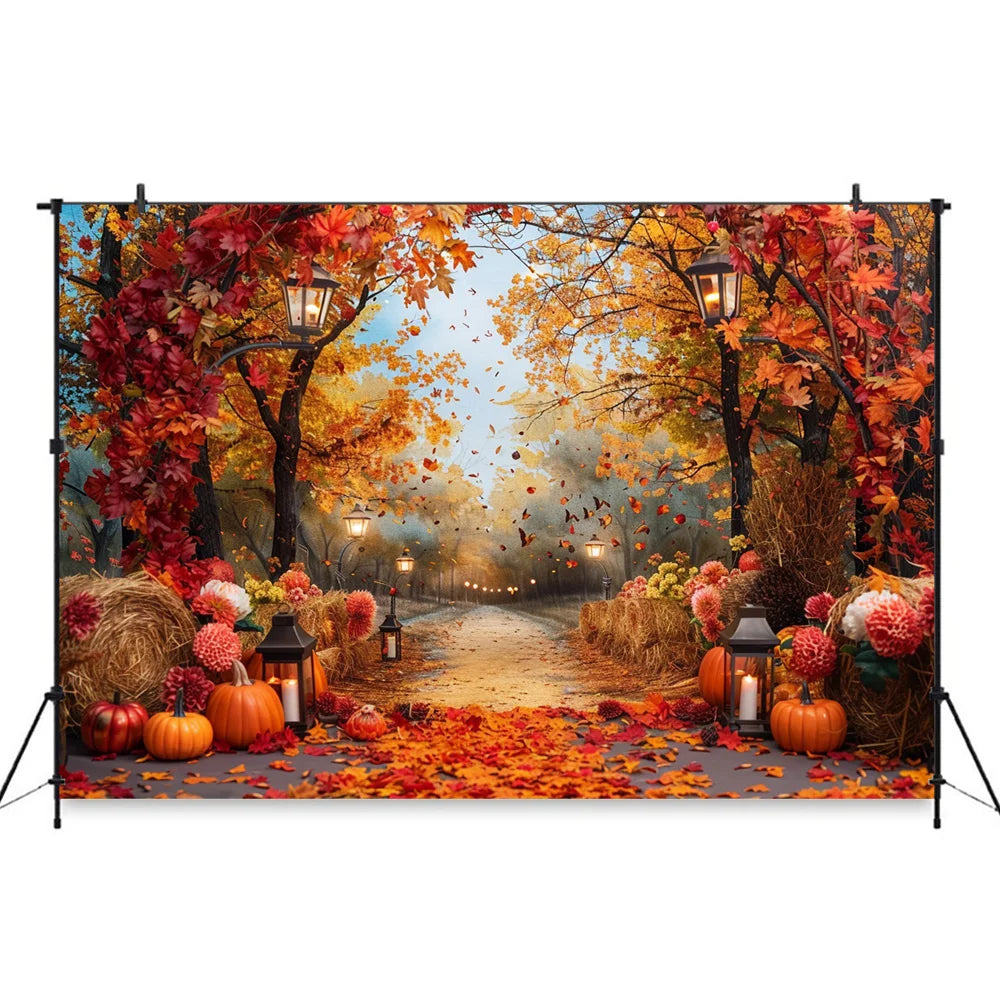 Autumn Photography Background Pumpkin Maple Leaves Street Light Backdrop Decor Family Kid Thanksgiving Day Birthday Photo Studio