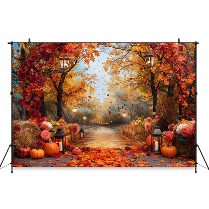 Autumn Photography Background Pumpkin Maple Leaves Street Light Backdrop Decor Family Kid Thanksgiving Day Birthday Photo Studio