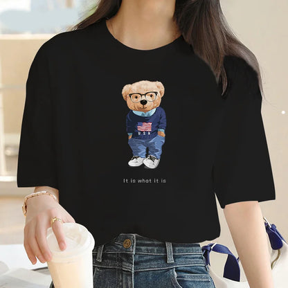 2024 Summer casual cartoon Bear print crew neck Short sleeve T-shirt Women's fashion oversized Y2K splicing loose T-shirt top