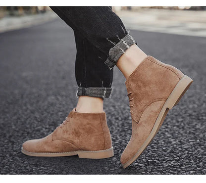 British Style Brown Men’s Suede Leather Boots Comfort Chelsea Boots Men Lace-Up Pointed Ankle Boots For Men botas para hombre