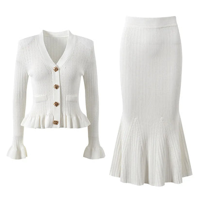 ZJYT Elegant Women's Flare Sleeve Sweater Long Mermaid Skirt 2 Piece Matching Set Knitted Suit Autumn Winter Party Outfit White