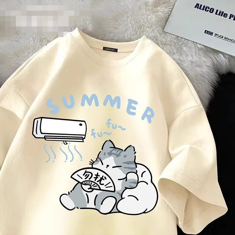 Summer Japanese Cartoon Cute Cat Fun Print Short Sleeve T-shirt Women's Loose Casual Half Sleeve Soft Bottom Plus Size Shirt Top