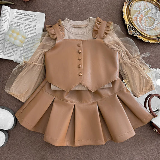2024New Girls' Autumn Western Style Little Girls' Leather Two-Piece Suit Fashionable Children's Bottoming Shirt Trendy