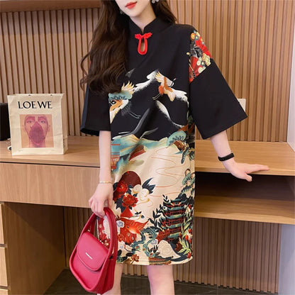Summer Chinese Style Vintage Printing T-shirt Mini Dress Ladies Short Sleeve Loose Casual A-line Robe Women Stand Collar Vestido