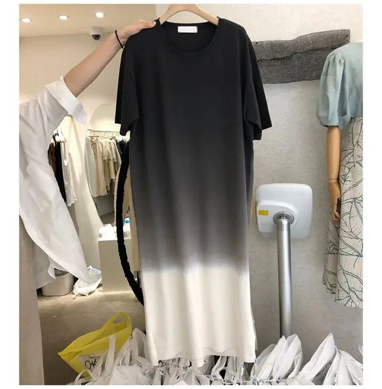 Street Casual Gradient Loose T Shirt Dress Summer New Short Sleeve O-Neck All-match Midi Dress Fashion Trend Women Clothing