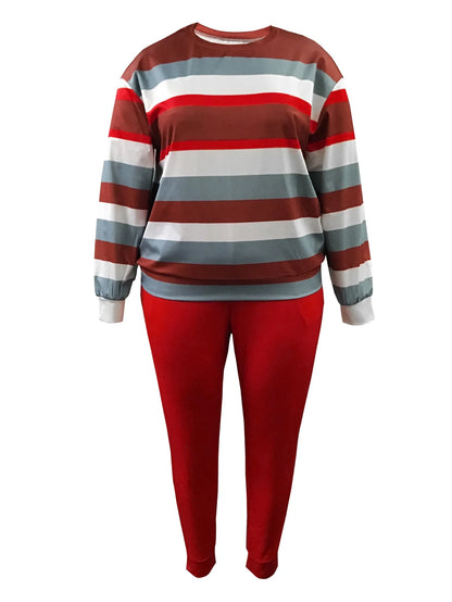 XL-5XL LW Plus Size Striped Patchwork Pants Set Women Long Sleeve Legging Set Round Neck Casual Two Piece Outfit Tracksuit
