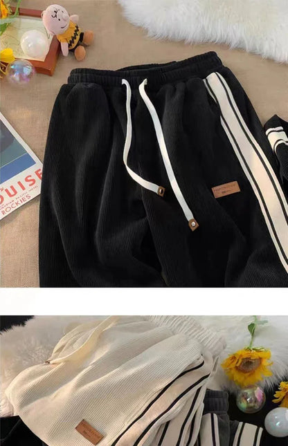 2024 Corduroy Striped Sweatpants Women Streetwear Thick Wide Leg Pants Y2K Harajuku High Waist Joggers Korean Baggy Trousers
