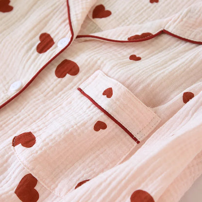 2025 New Spring and Autumn Women's Pajama Set 100% Cotton Crepe Long Sleeve Long Pants Two Piece Set Love Sweet Home Clothes