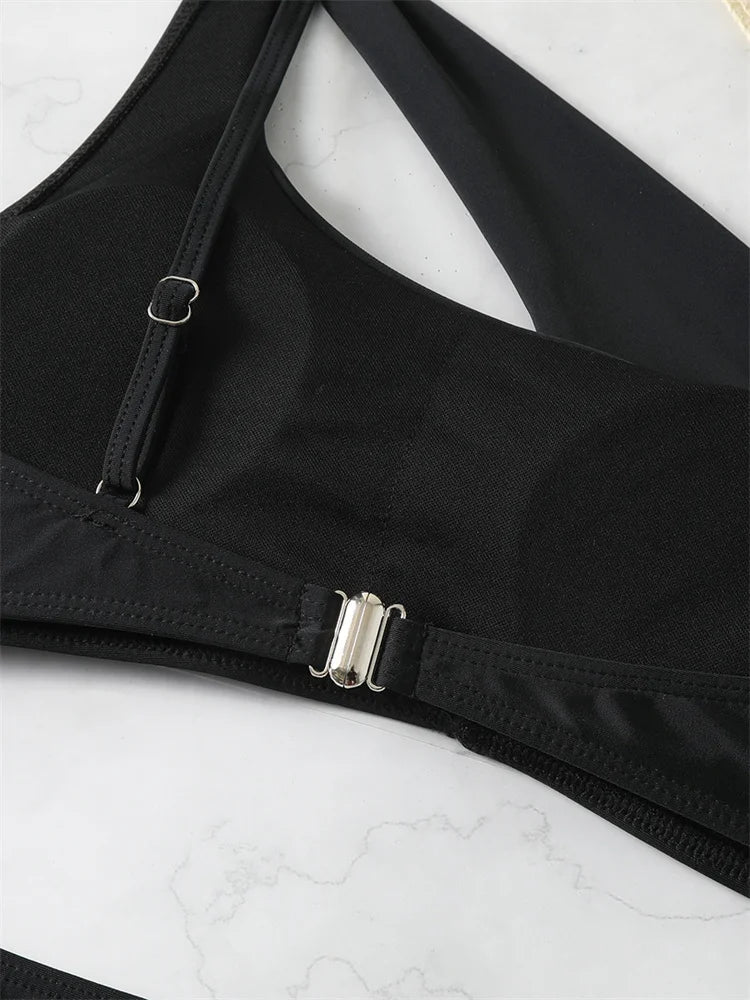Bikini 2024 New Swimsuit Women Swimwear Solid Black One Shoulder Bikinis Set Bathing Suit Female Two Pieces Beach Wear Biquini