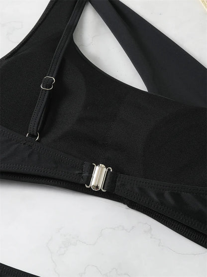 Bikini 2024 New Swimsuit Women Swimwear Solid Black One Shoulder Bikinis Set Bathing Suit Female Two Pieces Beach Wear Biquini