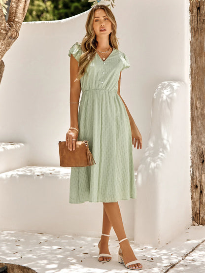 2025 New Summer Dress Women Casual Solid V-neck High Waist Fresh Wind Midi Dresses For Women Elegant Boho White Dress Vestidos