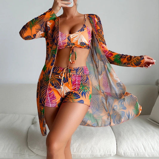 2025 New Women 3 Pieces Swimsuit Leaf Pattern Bikini Set+Long Sleeve Cover Up Tankini Beachwear Drawstring Swimwear Bathing Suit