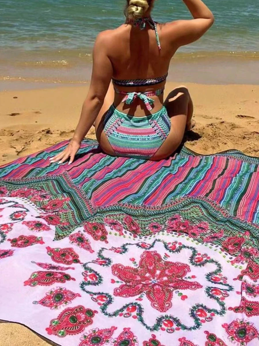 3 Pieces Printed Cross Bikinis 2025 Women Padded Swimwear With Outer Drape Swimsuit Female Bathers Bathing Swimming Suit