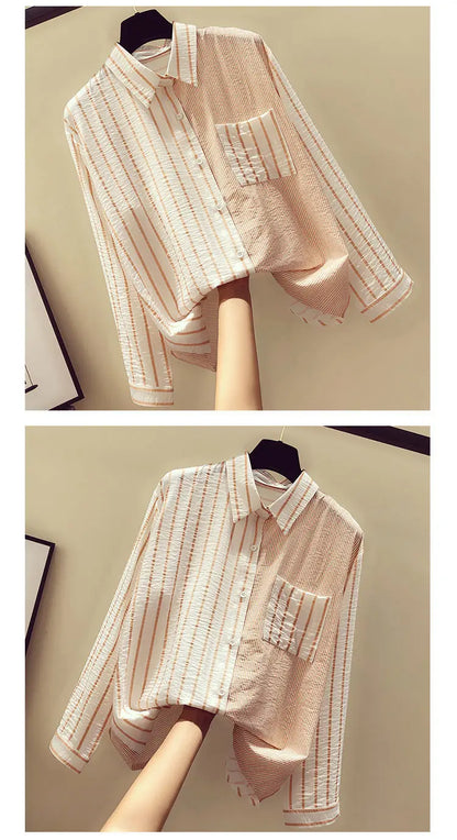 2025 Korean Summer Thin Trendy Striped Women's Shirt & Blouses Patchwork Pocket Loose Casual Office Lady Shirt Sweet Women's Top