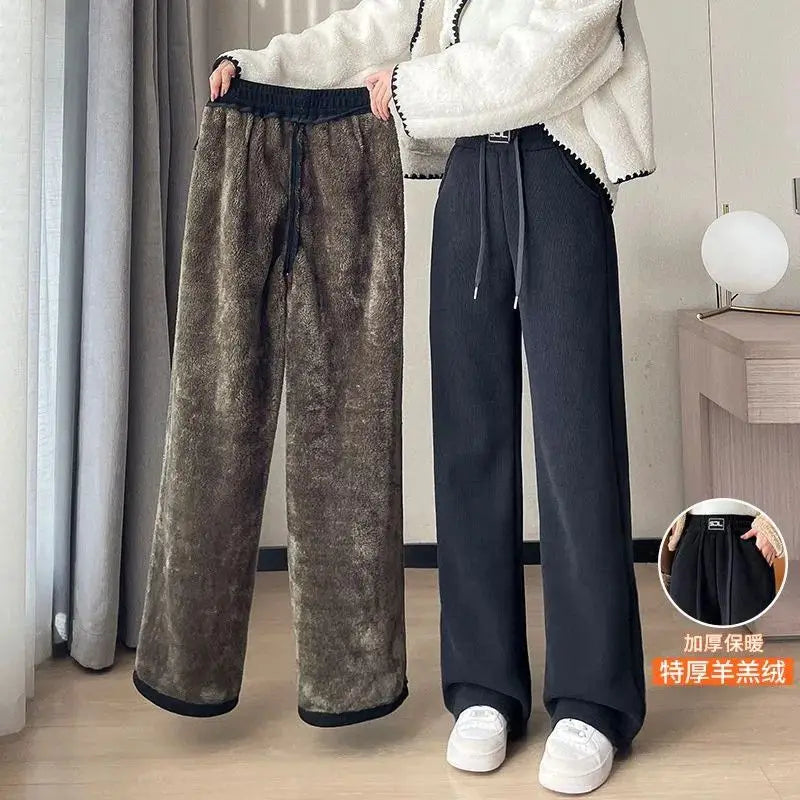 Autumn Winter Pants Women Thickened Lamb Fleece Wide Leg Pant Plus Velvet Women's Fashion Loose Pants Cashmere Casual Trousers