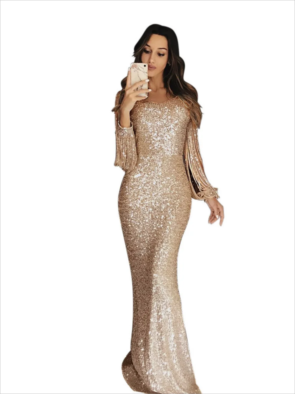 Women's European and American Long Dress Evening Dress Long Sleeve Tassel Dinner Dress