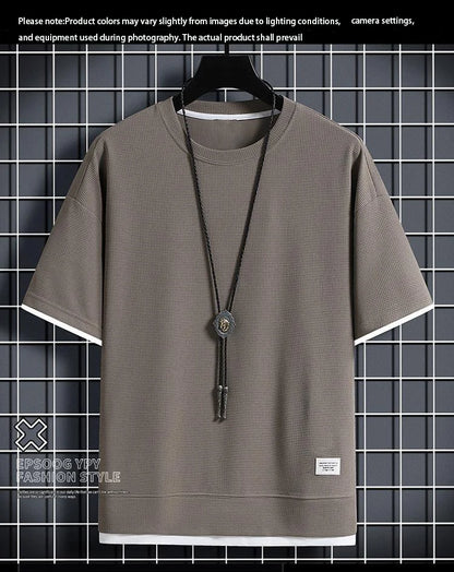 1pcs Men Summer T-Shirt Man Short Sleeved Waffle Solid T-Shirt Male Solid Color Casual Tee Round Men's Round Neck Fashion Top