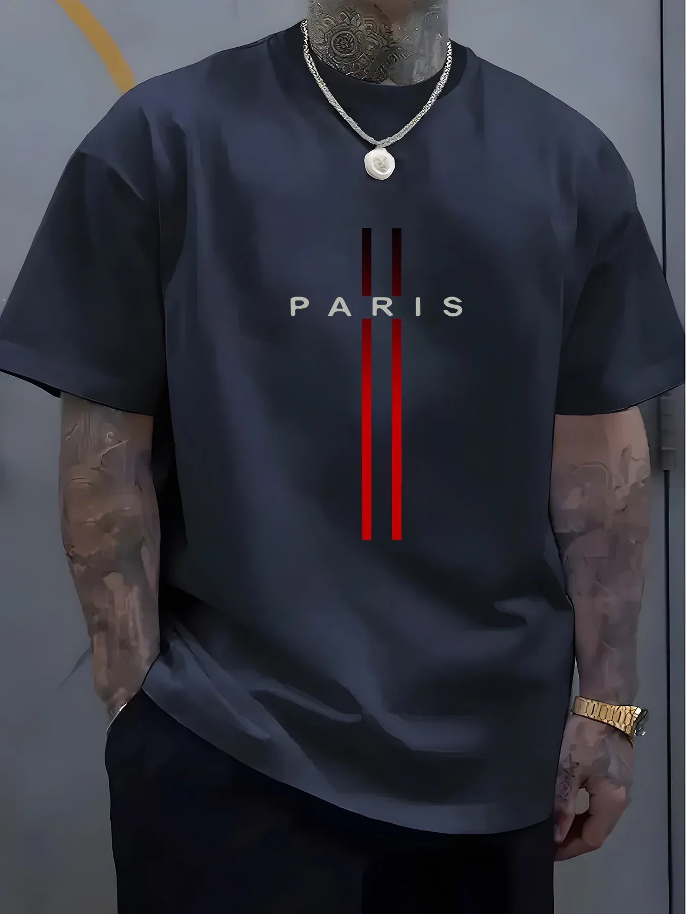 Summer men's 100% pure cotton casual loose fit plus size PARIS letter pattern printed round neck short sleeved T-shirt top