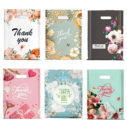 Thank You Flower Gift Bags For Small Business Plastic Shopping Bag Wedding Birthday Present Package Storage With Handle 10PCS