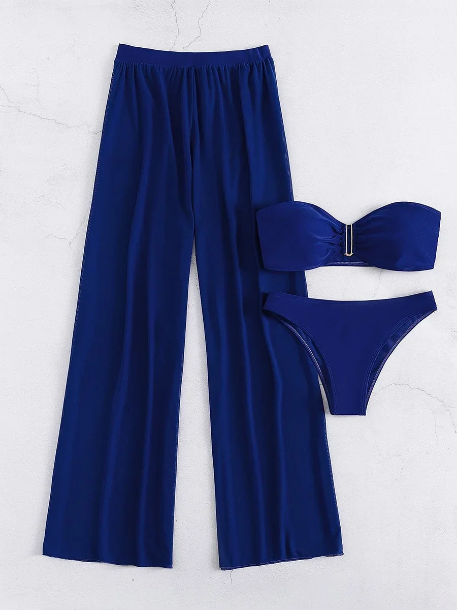 3 Pieces U Wired Bandeau Bikini 2025 Sexy Swimsuit Women & Beach Pants Swimwear Female Beachwear Bathers Bathing Swimming Suit