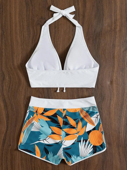2Pcs/Set Bikinis Set Bowknot Decor Floral Print Bikini Backless Halter Bra High Waist Beachwear Female Beach Clothing